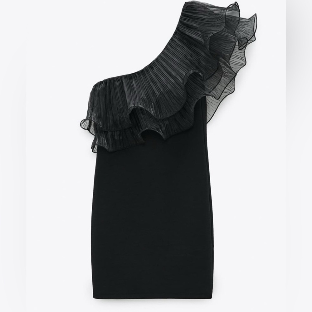 Zara Black Ruffle & Organza Asymmetric One Shoulder Fitted Mini Dress Size Small